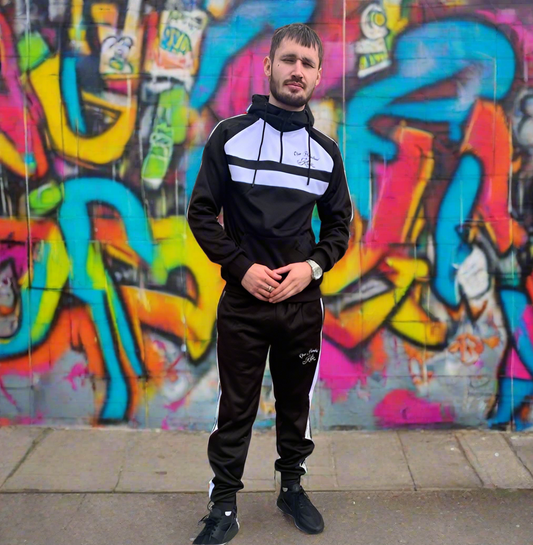 OHK Mens Black With White Front Panel Half Zip Hooded Tracksuit