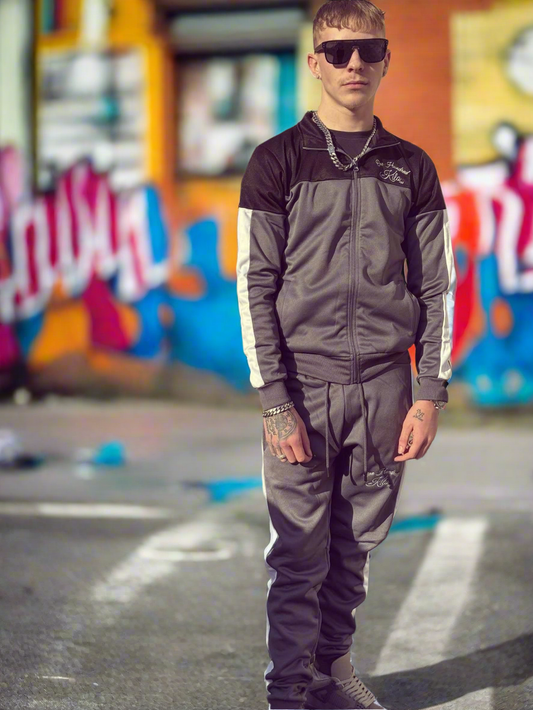 OHK Mens Grey With Black And White Panel Funnel Skinny Tracksuit
